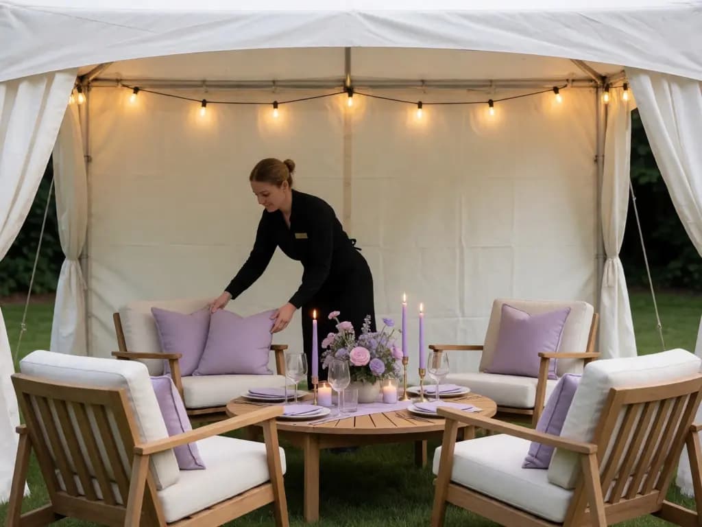 Alquiler de mobiliario, carpas, gazebos, vajilla y ambientación floral.
